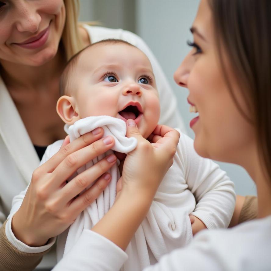 Chăm sóc trẻ sơ sinh phì nước bọt: lau nhẹ nhàng vùng da quanh miệng